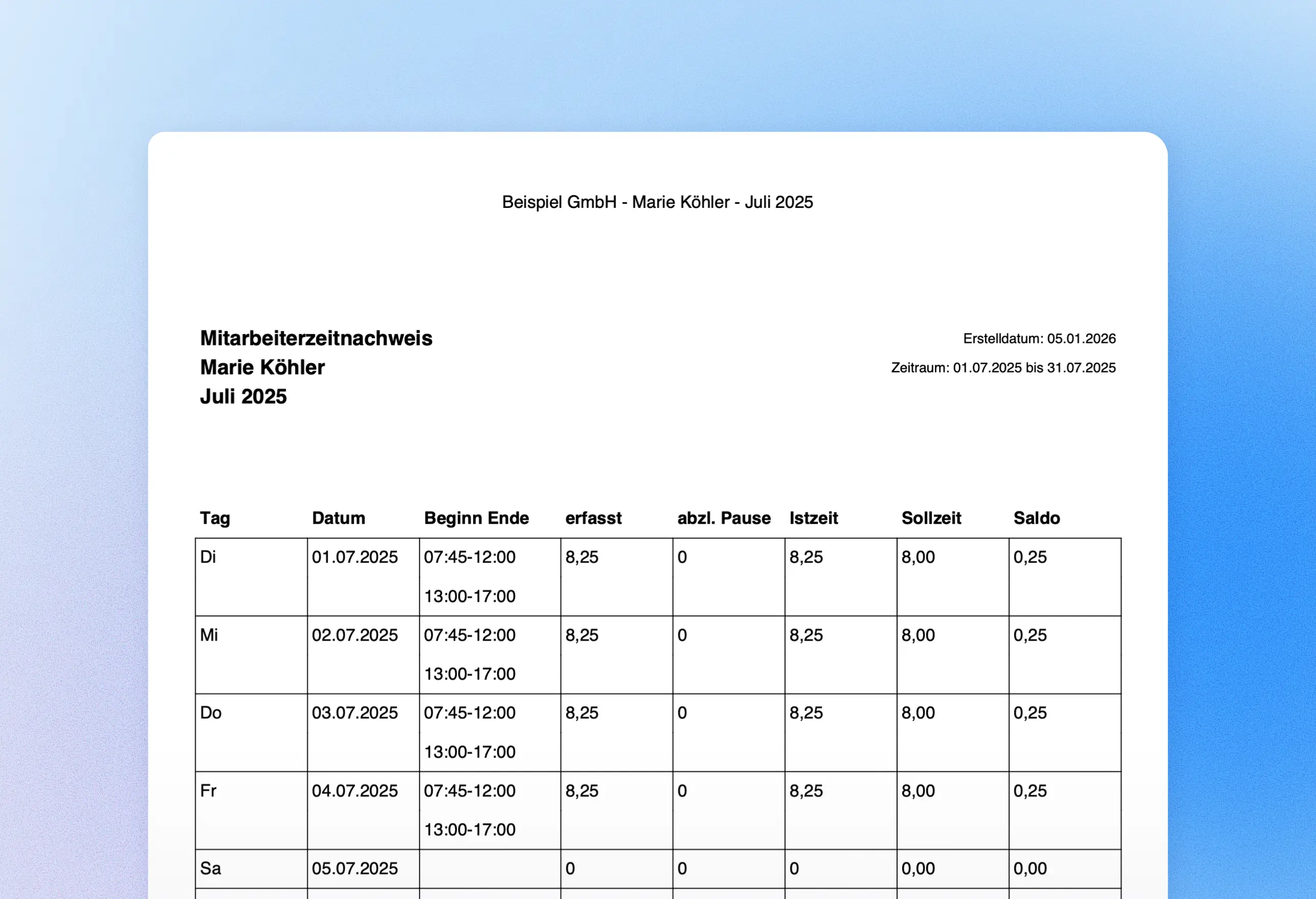 Persönlicher Zeitnachweis mit Arbeitszeiten und Monatssummen als PDF.